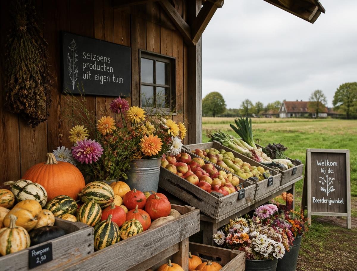 Boerderijkraampje met seizoensgroente, pompoenen, appels en bloemen langs een landweg